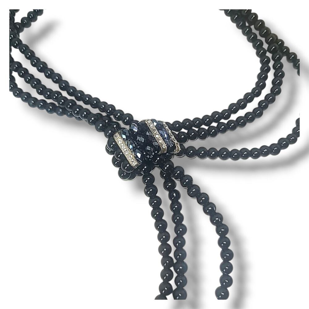 Black Bead Triple Strand Lariat Necklace White Rhinestone Accents 26" - Picture 4 of 6